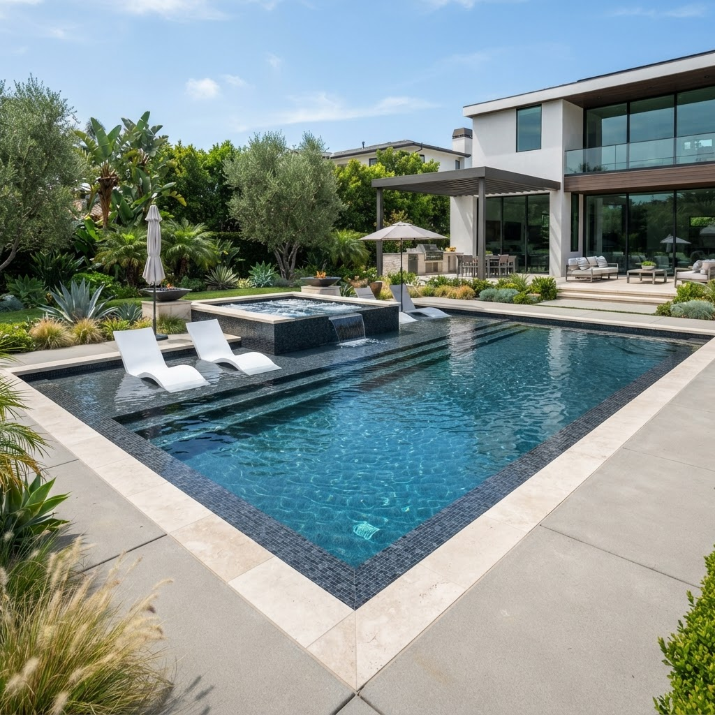Modern geometric luxury pool with dark tile and sun shelf