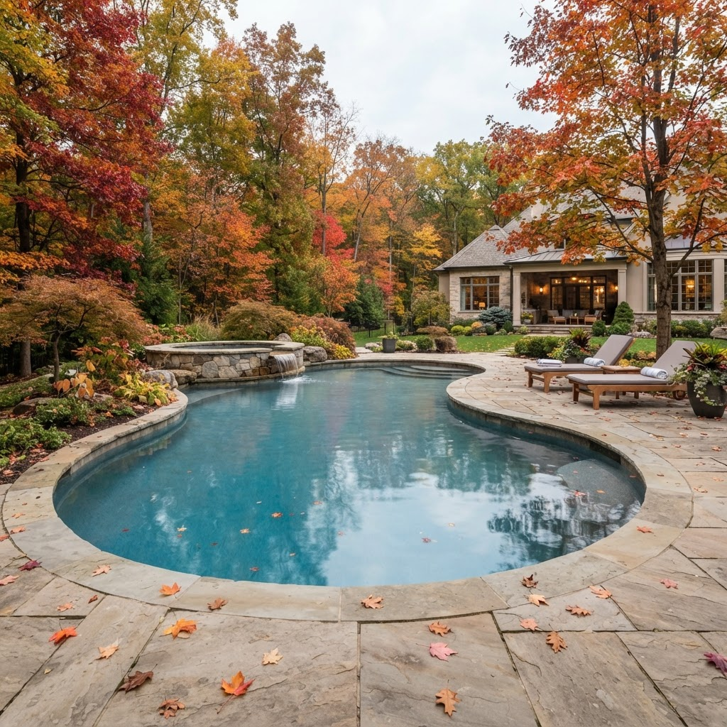 Serene luxury pool surrounded by autumn foliage for seasonal service