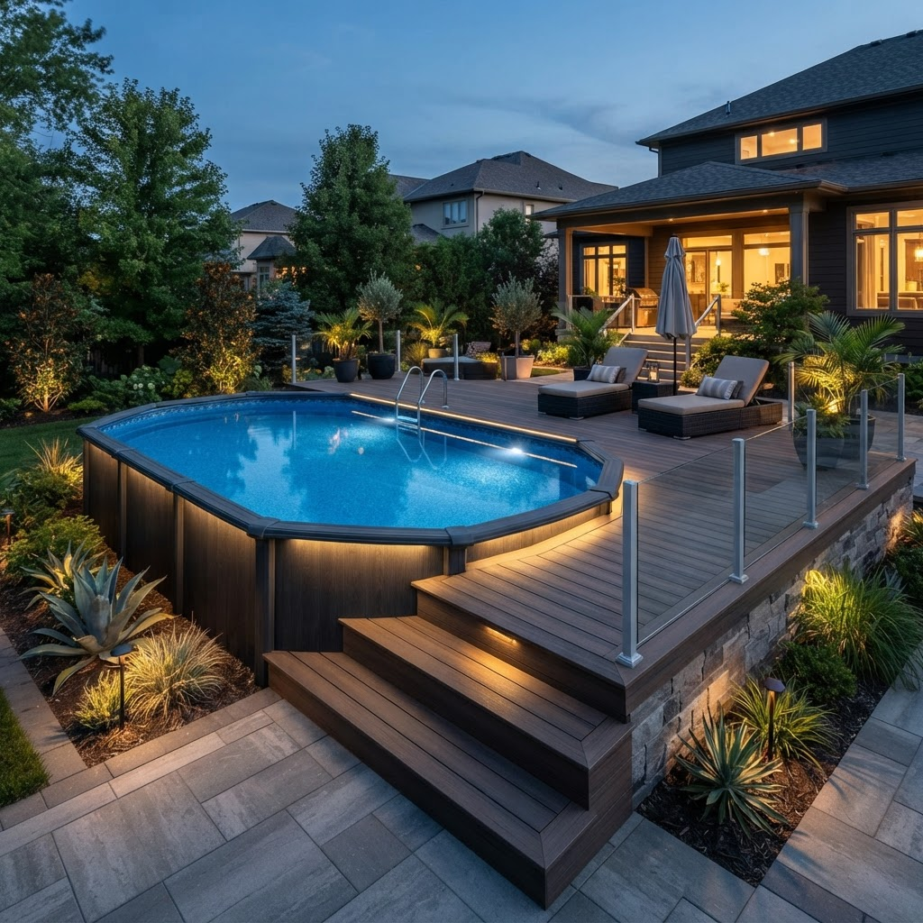 Premium modern above-ground resin pool with an integrated deck at dusk